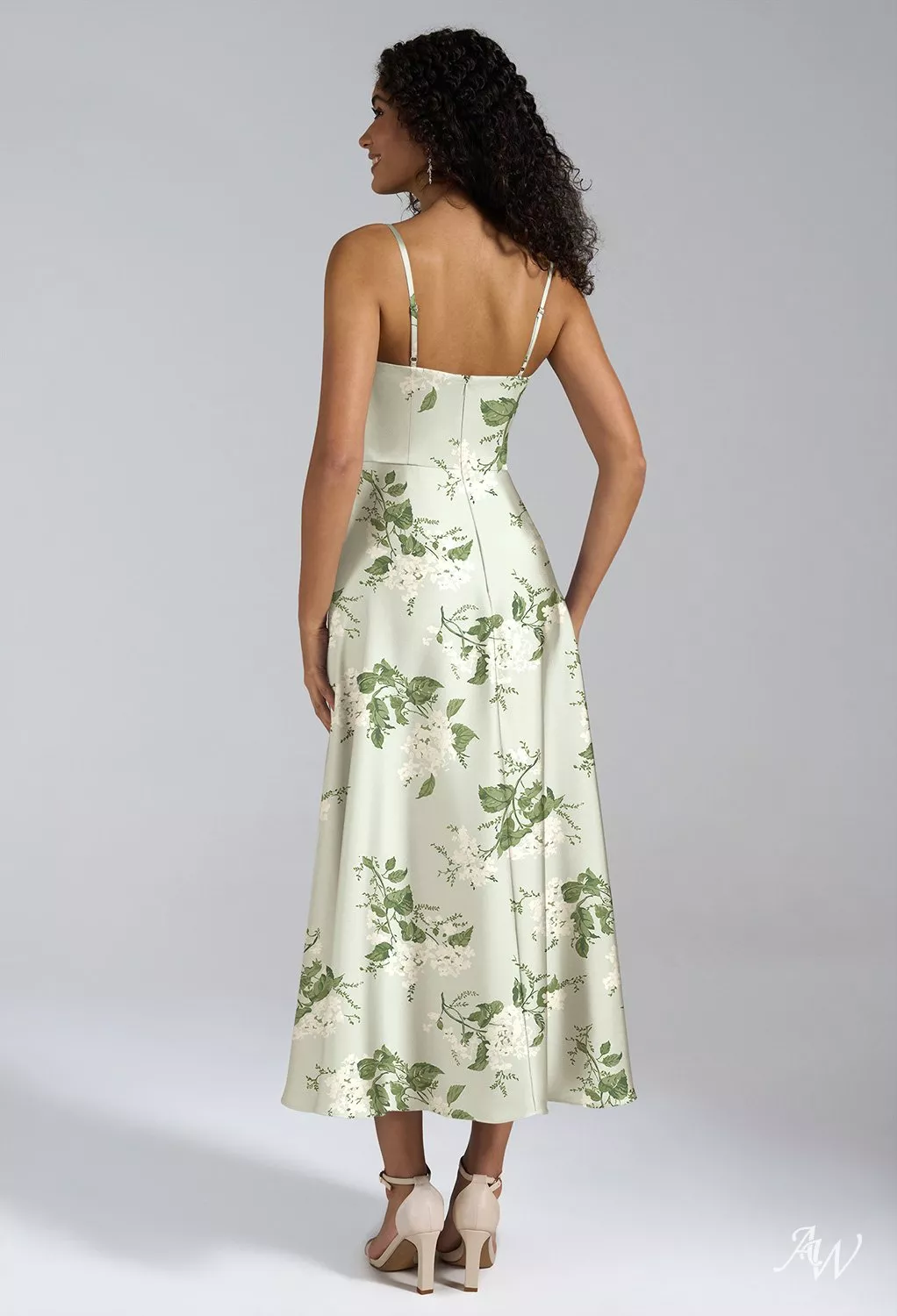 AW Lexi Dress, Sage Green Crystal Satin Satin Charmeuse Tea Length